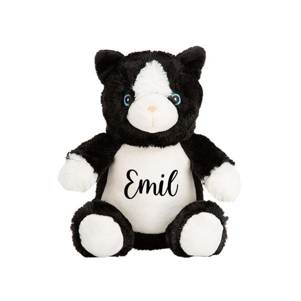 Katze Plüsch schwarz weiß personalisiert mit Namen