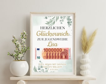 Youth consecration gift money gift for girls personalized - your first million! PDF template for printing