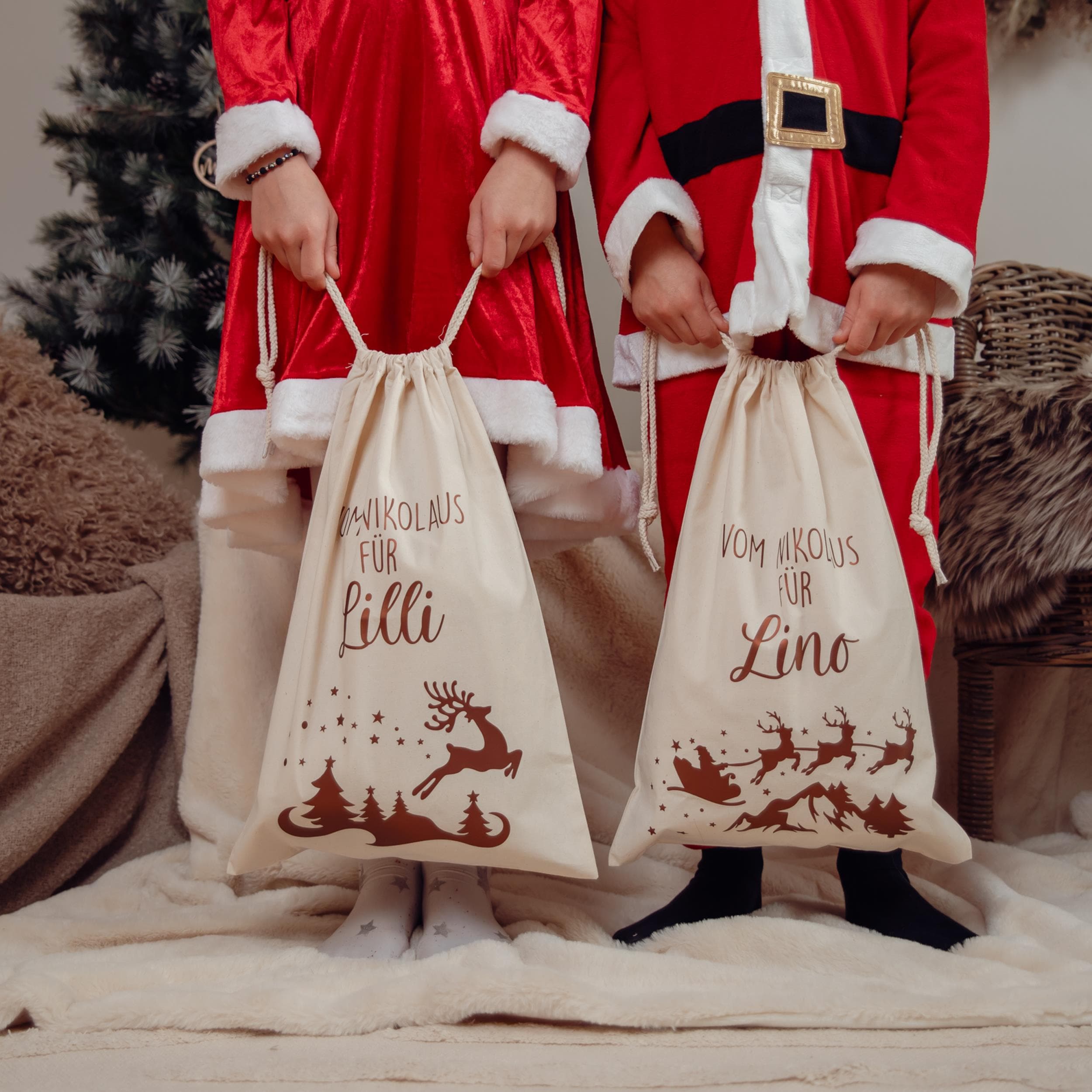 6 Weihnachtsbeutel Aus Baumwolle, 30x20 Cm, Mit Weihnachtsmann-Motiv Und Zugkordel – Nachhaltige Geschenkverpackung