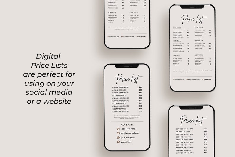 May include: Three mockups of a mobile phone screen displaying a digital price list template. The template features a simple black and white design with the text "Price List" at the top and a list of services with their corresponding prices. The template also includes contact information at the bottom.