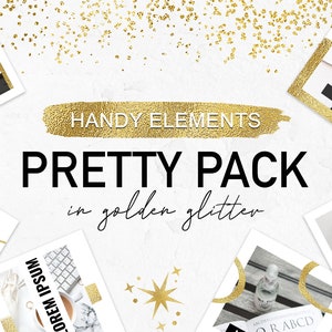 May include: A collection of social media graphics featuring gold glitter accents. The graphics include text such as "HANDY ELEMENTS", "PRETTY PACK", "in golden glitter", "LOREM IPSUM", "50% OFF", "30%", "NEW COLLECTION", and "RABCD".