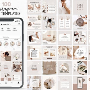 Könnte beinhalten: Ein Mockup eines Instagram-Profils auf einem Smartphone, das 100 Post-Vorlagen zeigt. Die Vorlagen verwenden eine neutrale Farbpalette mit Textüberlagerungen, darunter "Instagram Post Templates" und "Sale". Das Profil zeigt verschiedene Lifestyle-Themen-Posts.