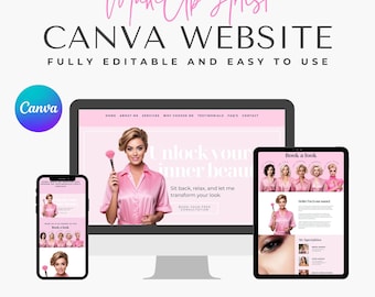 May include: A pink and white Canva website template for makeup artists, stylists, and beauty consultants. The website features a photo of a woman with a makeup brush, the text "Unlock your inner beauty", and a call to action to book a free consultation.