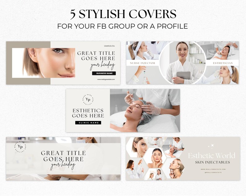 K&ouml;nnte beinhalten: F&uuml;nf Facebook-Cover-Designs f&uuml;r ein Kosmetikgesch&auml;ft. Die Cover zeigen Bilder von Frauen, die Sch&ouml;nheitsbehandlungen erhalten, mit Texten wie "Great Title Goes Here", "Esthetics Goes Here" und "Esthetic World Skin Injectables".