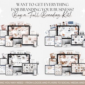 May include: A collage of images showcasing a branding kit for businesses. The kit includes logos, flyers, social media graphics, and ebooks. The text "WANT TO GET EVERYTHING FOR BRANDING YOUR BUSINESS? Buy a Full Branding Kit!" is displayed at the top of the image. The text "EVERYTHING YOU MAY NEED - FROM LOGOS AND FLYERS TO SOCIAL MEDIA AND EBOOKS!" is displayed at the bottom of the image.