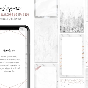 May include: A set of 50 Instagram story backgrounds featuring various marble, glitter, and brushstroke designs. The backgrounds are in shades of white, gray, and pink.