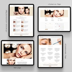 May include: Four screenshots of a website for a beauty salon. The website features images of models with eyelashes, brows, and makeup. The website also includes a contact form, testimonials, and a price list.