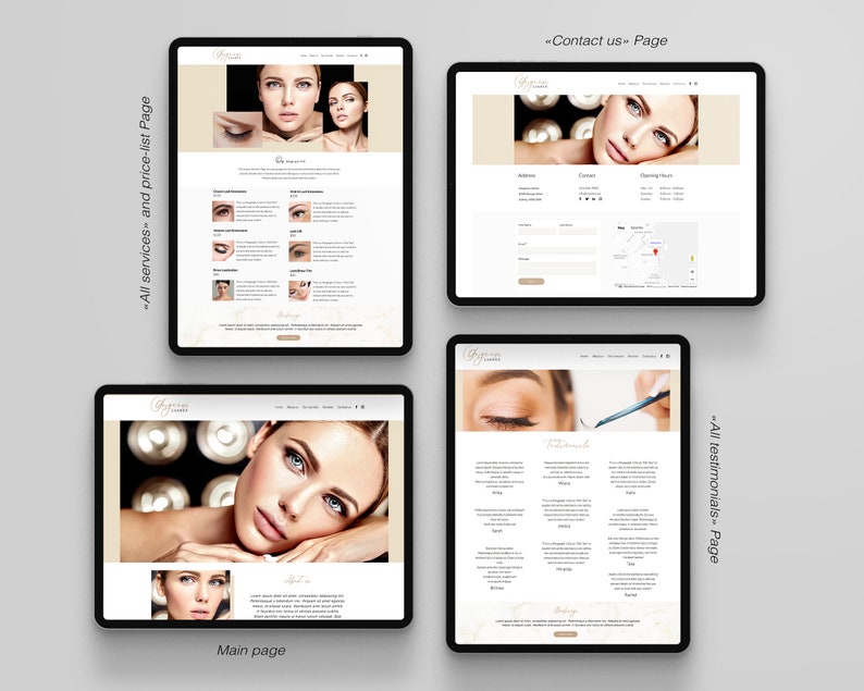 May include: Four screenshots of a website for a beauty salon. The website features images of models with eyelashes, brows, and makeup. The website also includes a contact form, testimonials, and a price list.