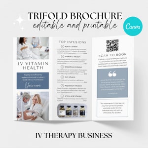 Broszura Trifold na temat terapii dożylnej Broszura nawodnienia dożylnego Szablony infuzji witamin dożylnych Ulotki na temat terapii dożylnej Ulotka na temat terapii kroplowej dożylnej Szablon canva