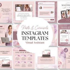 Può includere: Una raccolta di modelli di post e carosello di Instagram per assistenti virtuali. I modelli presentano uno sfondo acquerellato rosa e bianco con sovrapposizioni di testo. Il testo include frasi come "Post e carosello", "Modelli Instagram", "Assistente virtuale", "Lavora con me", "Per la progettazione web", "Progettazione mobile prima", "Progettazione desktop prima", "Per il tuo sito web", "Suggerimento n. 1", "Suggerimento n. 2", "Suggerimento n. 3", "Suggerimento n. 4", "Suggerimento n. 5", "Suggerimento n. 6", "Lo sapevi?", "L'uso di video sulle pagine di destinazione", e "Masterclass con l'allenatore [Nome]".