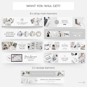 Peut inclure: Un ensemble de 10 banni&egrave;res de m&eacute;dias sociaux personnalisables pour les boutiques Etsy. Les banni&egrave;res pr&eacute;sentent une esth&eacute;tique minimaliste avec un fond gris et du texte blanc. Les banni&egrave;res incluent du texte tel que "Great Title Here", "Stylish Items Shop", "Office Decor" et "Your Shop Name".