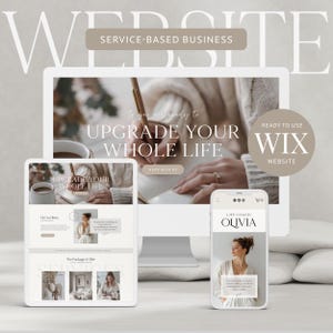 May include: A website design concept for a service-based business, showcasing a desktop computer, tablet, and smartphone. The design features the text "UPGRADE YOUR WHOLE LIFE" and "READY TO USE WIX WEBSITE". The color scheme is neutral with beige and white tones.