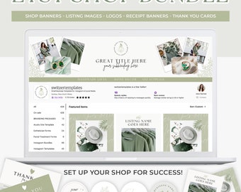 Puede incluir: Un paquete de tienda Etsy verde y blanco para vendedores, que incluye banners de tienda, imágenes de productos, logotipos, banners de recibos y tarjetas de agradecimiento. El paquete incluye una variedad de plantillas y diseños para ayudar a los vendedores a crear una identidad de marca coherente.