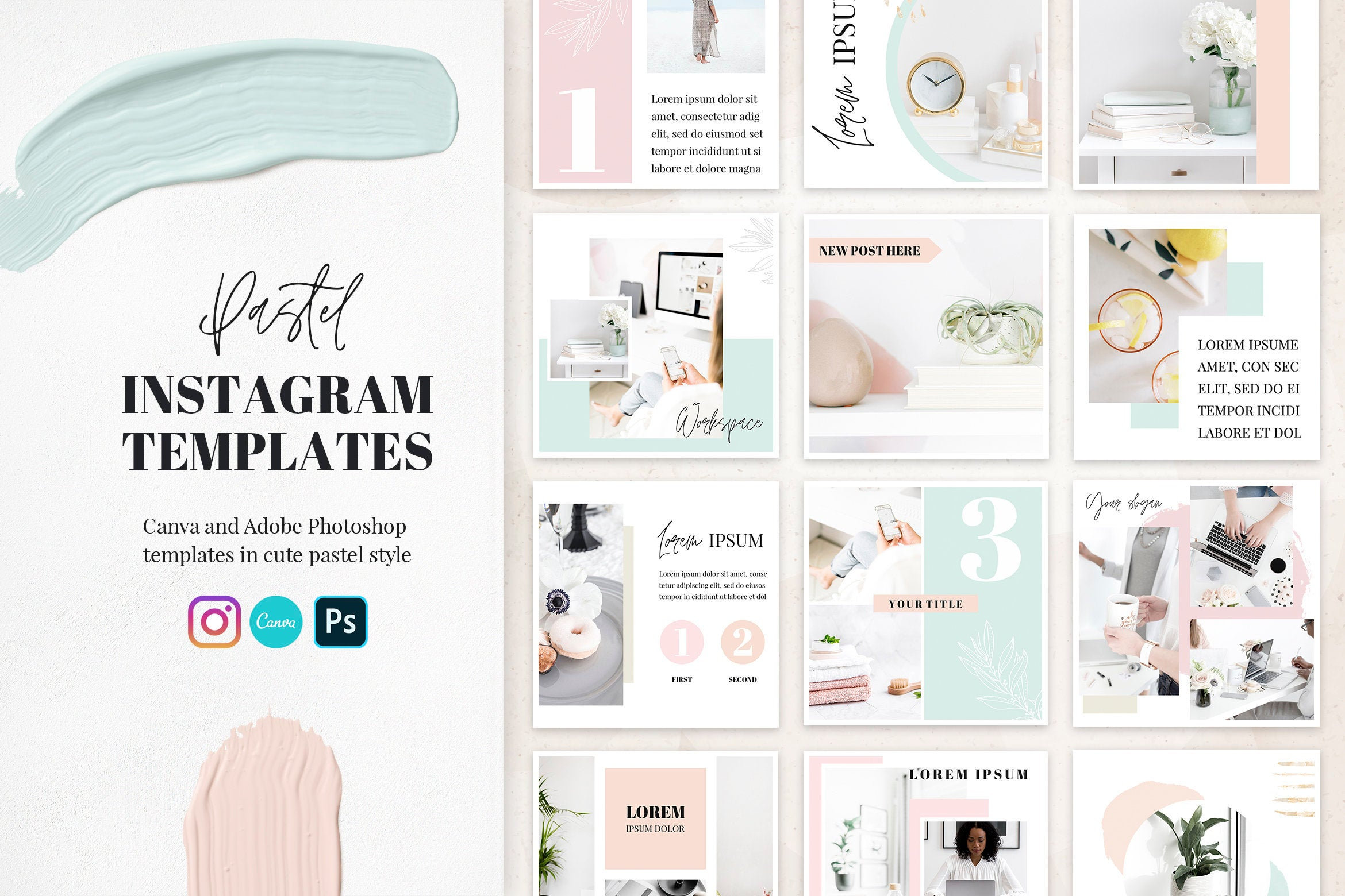 Pastel Instagram Template, Canva Instagram Templates in Pastel. Canva Template Instagram Posts. Canva social media templates
