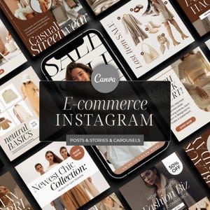 Könnte beinhalten: Eine Sammlung von Instagram-Post-Vorlagen für eine E-Commerce-Modemarke. Die Vorlagen zeigen Bilder von Kleidung, Accessoires und Lifestyle-Aufnahmen. Der Text auf den Vorlagen enthält Sätze wie "Casual Streetwear", "Newest Chic Collection", "Fresh Stock Alert" und "How to Build a Fashion Biz".