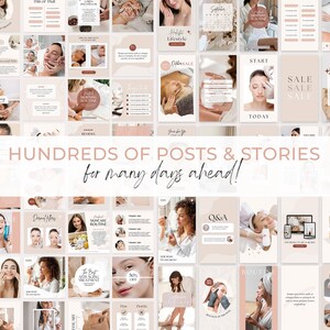 May include: A collage of social media posts and stories for a beauty or skincare brand. The images feature models with various skin care treatments, products, and text overlays. The text includes phrases like "Start Today", "Skincare Routine", and "The Best Anti-Aging Treatment".