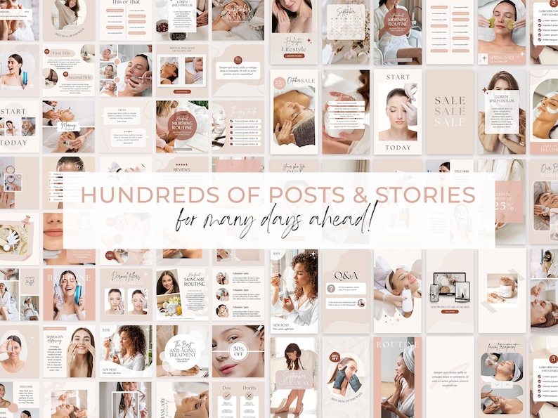 May include: A collage of social media posts and stories for a beauty or skincare brand. The images feature models with various skin care treatments, products, and text overlays. The text includes phrases like "Start Today", "Skincare Routine", and "The Best Anti-Aging Treatment".
