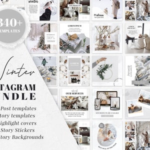 May include: A bundle of Instagram templates with a winter theme. The image shows a collection of templates, including 100 post templates, 21 story templates, 71 highlight covers, 100 story stickers, and 50 story backgrounds. The templates feature winter imagery.