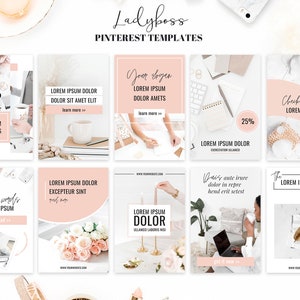 K&ouml;nnte beinhalten: Ein Satz von neun rosa und wei&szlig;en Pinterest-Vorlagen f&uuml;r ein Unternehmen. Die Vorlagen enthalten Text wie "Ladyboss", "Check it out", "Lorem Ipsum" und "The Lorem Ipsum Set".