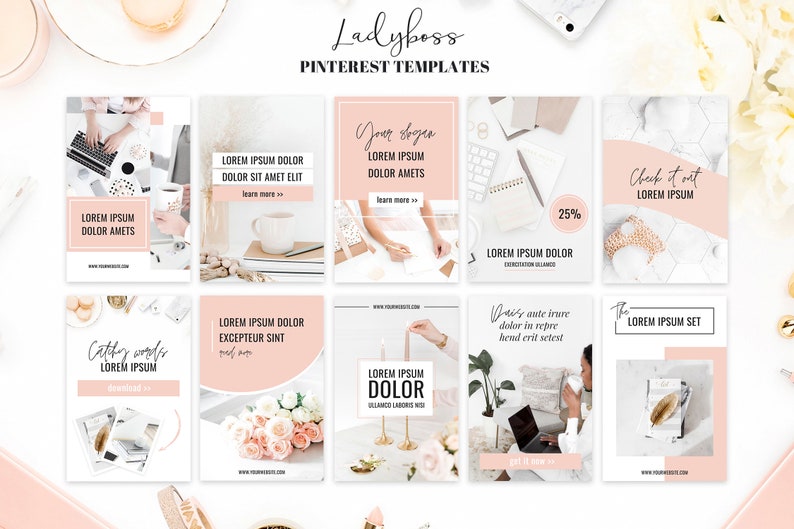 K&ouml;nnte beinhalten: Ein Satz von neun rosa und wei&szlig;en Pinterest-Vorlagen f&uuml;r ein Unternehmen. Die Vorlagen enthalten Text wie "Ladyboss", "Check it out", "Lorem Ipsum" und "The Lorem Ipsum Set".