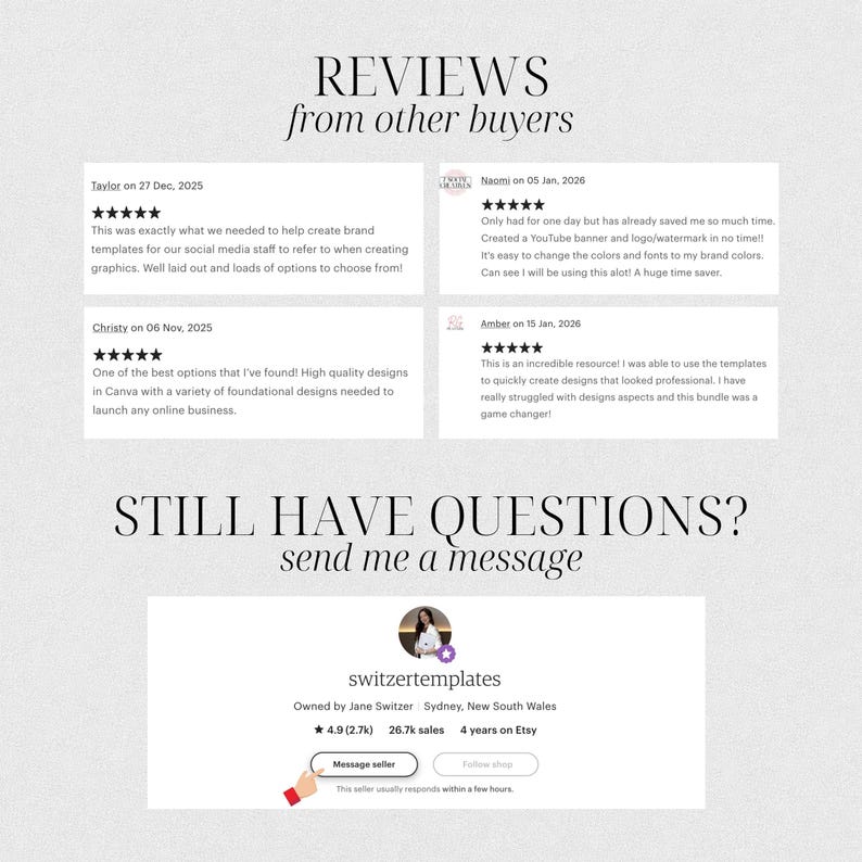 Puede incluir: Una p&aacute;gina web con rese&ntilde;as de clientes e informaci&oacute;n de contacto. El texto "REVIEWS from other buyers" est&aacute; en la parte superior. Debajo hay testimonios de clientes. La secci&oacute;n inferior dice "STILL HAVE QUESTIONS? send me a message".