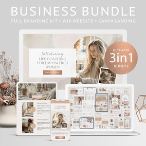 Puede incluir: Un paquete de marketing digital con una computadora portátil, una tableta y un teléfono que muestran maquetas de sitios web y marcas. El texto dice "BUSINESS BUNDLE" y "LIFE COACHING FOR EMPOWERED WOMEN". Un gráfico circular dice "ULTIMATE 3in1 BUNDLE".