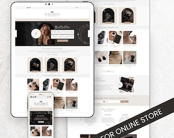 May include: A digital display of an online store website on a tablet, laptop, and smartphone. The website features jewelry and accessories, with the word "ELEGANCE" at the top. The text "BESTSELLER PRODUCTS FOR ANY OCCASION" is also visible.