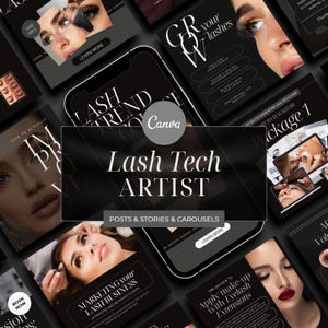 Könnte beinhalten: Eine Sammlung von Social-Media-Posts für ein Wimpernstudio. Die Posts zeigen Bilder von Wimpern, Augen-Make-up und Text über Wimpernverlängerungen, Wimperntrends und Wimpern-Business-Marketing. Der Text "Lash Tech Artist" ist in großer Schrift oben im Bild zu sehen.