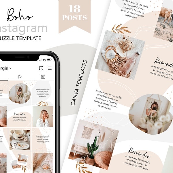 Boho instagram puzzle, Canva instagram puzzle feed template, ig puzzle feed, modern instagram puzzle, earthy puzzle feed, puzzle grid, gold