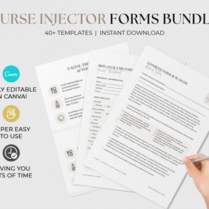 May include: A set of printable forms for nurse injectors, including a facial treatment aftercare guide, a skin analysis form, and a consent form and waiver. The forms are fully editable in Canva and feature a minimalist design with a light grey background and black text.