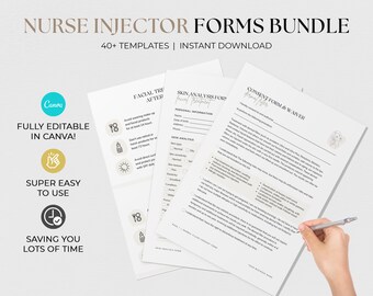 May include: A set of printable forms for nurse injectors, including a facial treatment aftercare guide, a skin analysis form, and a consent form and waiver. The forms are fully editable in Canva and feature a minimalist design with a light gray background and black text.