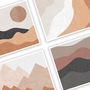 Puede incluir: Cuatro impresiones art&iacute;sticas abstractas con dise&ntilde;os de paisajes minimalistas. Cada impresi&oacute;n muestra una paleta de colores diferente, incluyendo tonos tierra, con motivos de monta&ntilde;as y sol. Las impresiones se muestran sobre un fondo blanco.