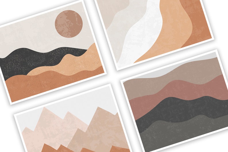 Puede incluir: Cuatro impresiones art&iacute;sticas abstractas con dise&ntilde;os de paisajes minimalistas. Cada impresi&oacute;n muestra una paleta de colores diferente, incluyendo tonos tierra, con motivos de monta&ntilde;as y sol. Las impresiones se muestran sobre un fondo blanco.