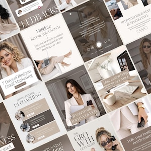 Può includere: Un collage di immagini con testo relativo a business e marketing. Le immagini presentano donne in contesti professionali, con sovrapposizioni di testo come "7 Days of Business Email Marketing" e "Validate Before You Launch."