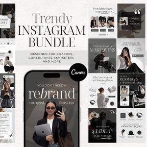 Puede incluir: Un paquete de marketing digital con el texto "Trendy Instagram Bundle" y "Designed for Coaches, Consultants, Marketers and More." La imagen incluye maquetas de publicaciones de Instagram, un teléfono y el logotipo de Canva.