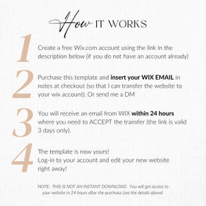 May include: A step-by-step guide on how to purchase and transfer a website template. The guide includes four steps: create a Wix account, purchase the template, receive an email to accept the transfer, and log in to edit the website. The text includes the phrase "within 24 hours".