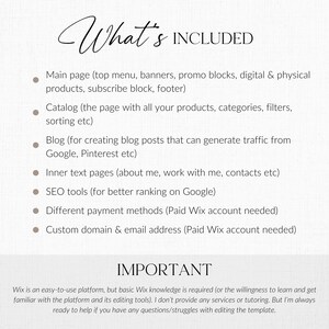 May include: A cream-coloured graphic with the words "What's Included" in elegant script. The text lists features like the main page, catalog, blog, SEO tools, and payment methods. Below, the word "IMPORTANT" is displayed, followed by a note about Wix knowledge.