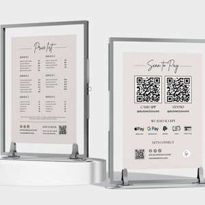 May include: Two silver framed signs with a light brown background. The left sign has a price list for services with the title "Price List". The right sign has the title "Scan to Pay" with two QR codes for Cash App and Venmo, and a list of payment methods including Apple Pay, Google Pay, PayPal, Cash, and Credit Card. Both signs have a social media account and website listed at the bottom.