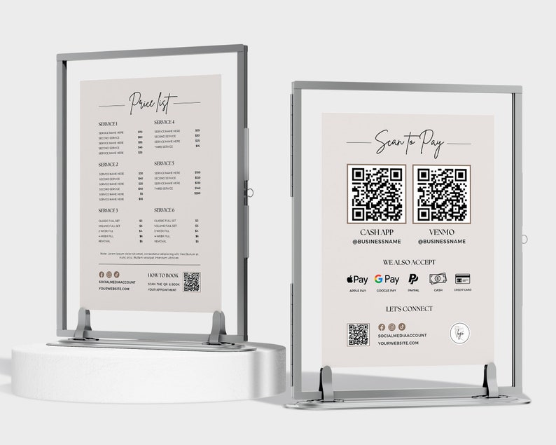 May include: Two silver framed signs with a light brown background. The left sign has a price list for services with the title "Price List". The right sign has the title "Scan to Pay" with two QR codes for Cash App and Venmo, and a list of payment methods including Apple Pay, Google Pay, PayPal, Cash, and Credit Card. Both signs have a social media account and website listed at the bottom.