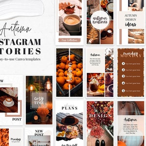 May include: A collection of 60 Instagram story templates featuring autumn themes. The templates include images of pumpkins, leaves, coffee, and cosy scenes. The text "Autumn Instagram Stories" is displayed in a bold, black font.