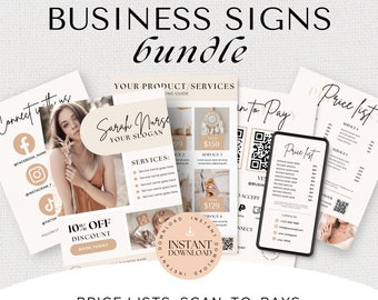 May include: A set of printable business signs for a variety of uses. The signs feature a modern, minimalist design with a neutral color palette of beige and white. The signs include a price list, a scan-to-pay option, social media icons, and a discount offer. The text on the signs reads "Price List", "Scan to Pay", "Connect with us", "Sarah Nurse", "Your Slogan", "Services", "10% Off Discount", "Book Today", and "Instant Download".