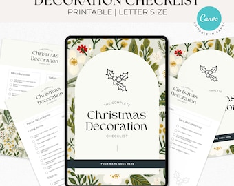 May include: A printable Christmas decoration checklist with a festive floral design. The checklist includes categories for miscellaneous, indoor decorations, and yard and driveway decorations. The text "The Complete Christmas Decoration Checklist" is at the top of the page.