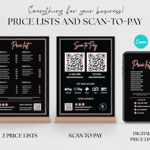 May include: Three black and white digital signage displays with pink neon text. The first two displays are vertical and feature price lists for services. The third display is a smartphone mockup with a price list and a scan-to-pay option. The scan-to-pay display features two QR codes for Cash App and Venmo, as well as logos for Apple Pay, Google Pay, and PayPal.