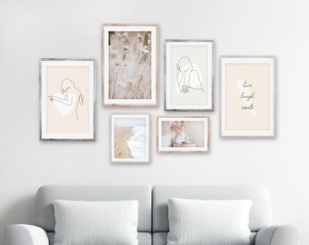 Gallery wall art set of 6. Wall art prints set of 6. Gallery wall art set beige. Gallery wall design set for creative people. Gallery wall