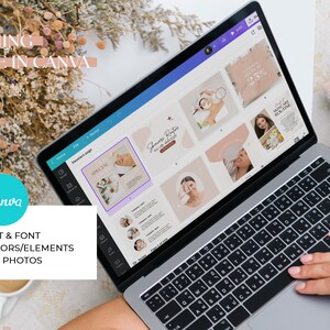 May include: A laptop computer displaying a Canva design template for social media posts. The template features a pink and white color scheme with images of people receiving spa treatments. The text on the template reads "Shower Routine" and "25% off".