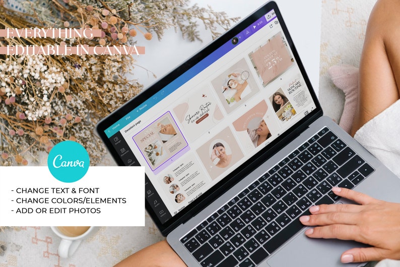 May include: A laptop computer displaying a Canva design template for social media posts. The template features a pink and white color scheme with images of people receiving spa treatments. The text on the template reads "Shower Routine" and "25% off".
