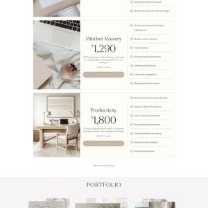 May include: Website design for a life coach named Olivia, featuring a clean, minimalist aesthetic. The site includes sections for coaching plans, a portfolio, and a booking calendar. The color scheme is neutral with a focus on light beige and white.