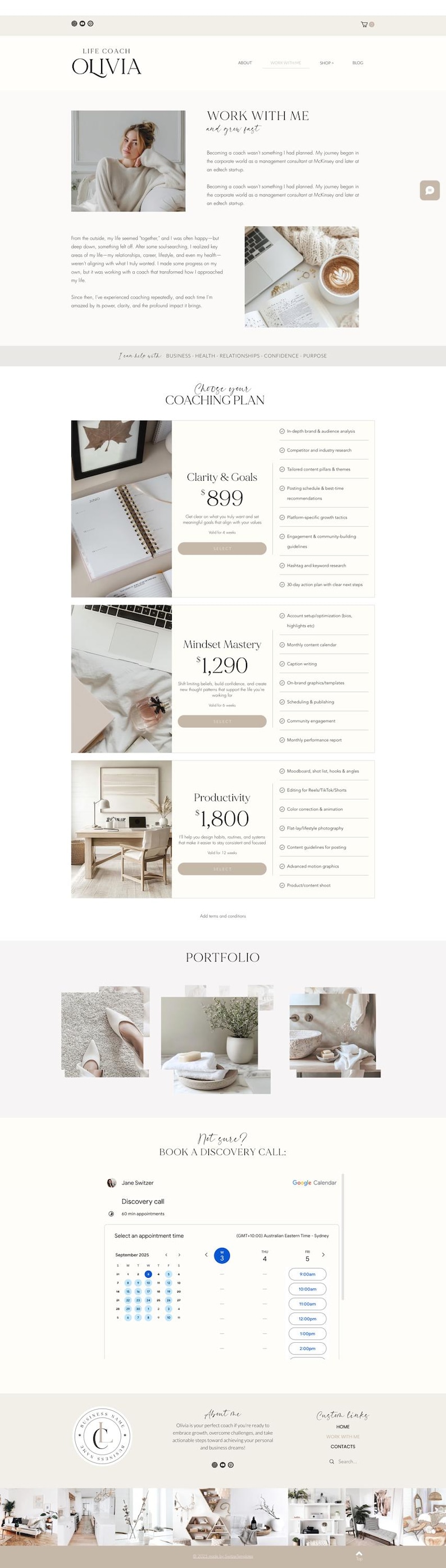 May include: Website design for a life coach named Olivia, featuring a clean, minimalist aesthetic. The site includes sections for coaching plans, a portfolio, and a booking calendar. The color scheme is neutral with a focus on light beige and white.