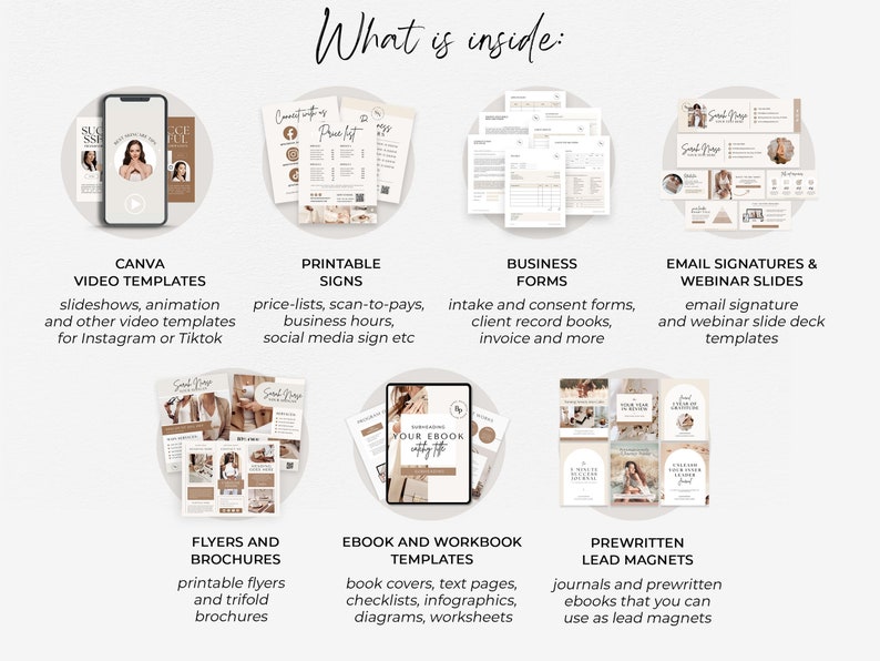 May include: A collage of images showcasing different digital templates for business owners. The templates include Canva video templates, printable signs, business forms, email signatures and webinar slides, flyers and brochures, ebook and workbook templates, and prewritten lead magnets.