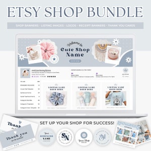 以下が含まれることがあります： Etsyショップのバンドルを販売者向けにデジタルモックアップしたものです。バンドルには、ショップバナー、商品画像、ロゴ、レシートバナー、サンキューカードが含まれています。画像は、花柄のアクセントが施された青と白のカラーテーマを採用しています。画像の上部には「Cute Shop Nameへようこそ」というテキストがバナーに表示されています。バナーの下には「ショップを成功させるために設定しましょう！」というテキストが表示されています。画像には、バンドルに含まれるさまざまな種類のグラフィックの例も含まれています。